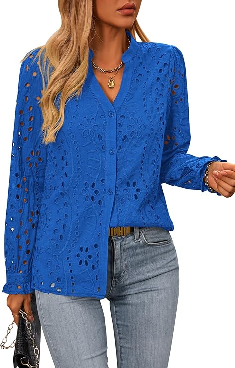 NALANISA Women's Long Sleeve Shirts Button Down Dressy Casual Blouses V Neck Embroidery Hollow Out Tops Fall Winter Clothes