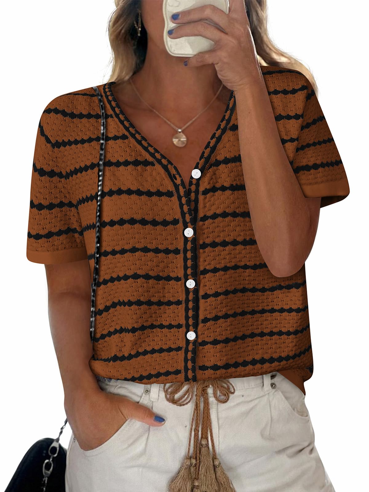 NALANISA Women's Short Sleeve Sweater Spring Summer Crochet Knit Tops 2025 V Neck Striped Button Down Dressy Casual Blouses
