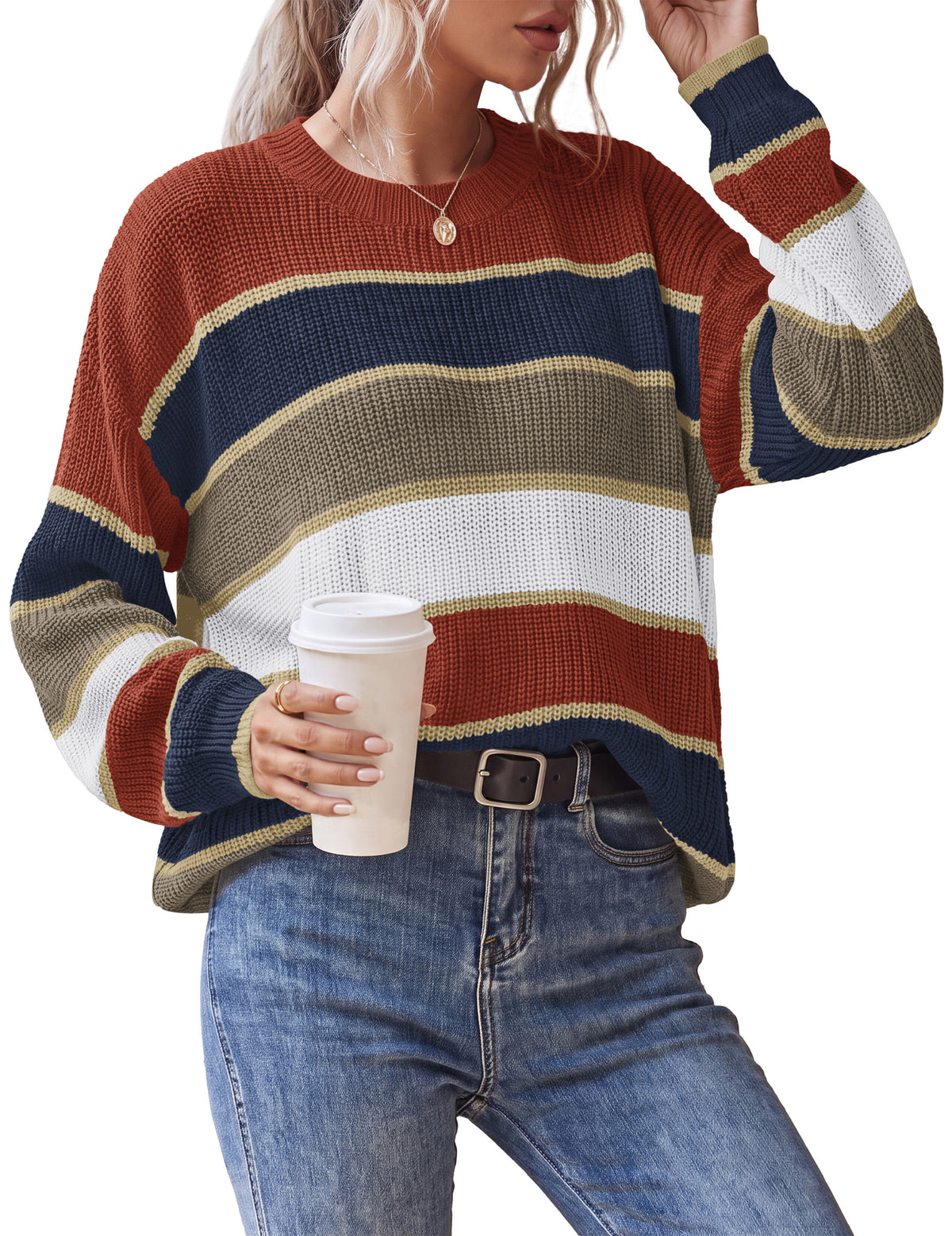 NALANISA Women's Striped Sweater Knit Loose Fit Pullover Tops Fall 2026 Crewneck, Long Sleeve Knit Tops, Color Block, Soft Chunky Sweaters, Business Casual Fall Winter Clothes