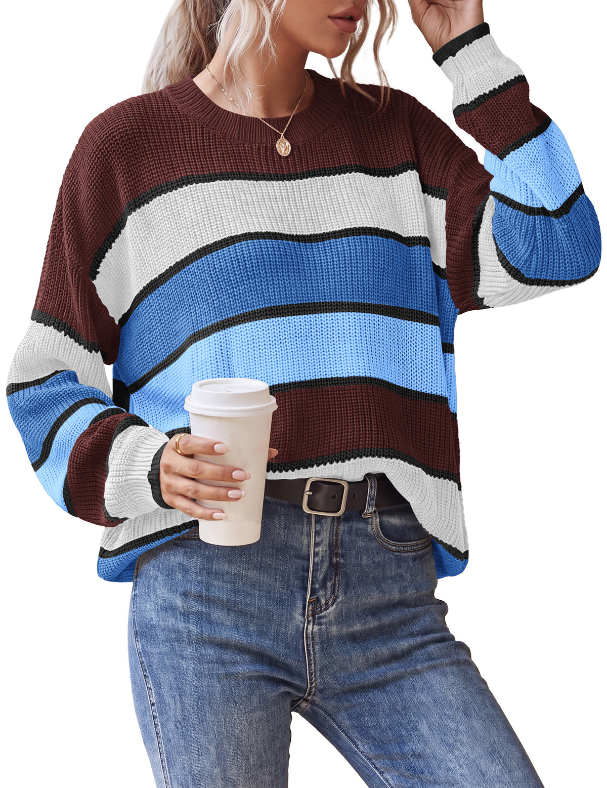 NALANISA Women's Striped Sweater Knit Loose Fit Pullover Tops Fall 2026 Crewneck, Long Sleeve Knit Tops, Color Block, Soft Chunky Sweaters, Business Casual Fall Winter Clothes