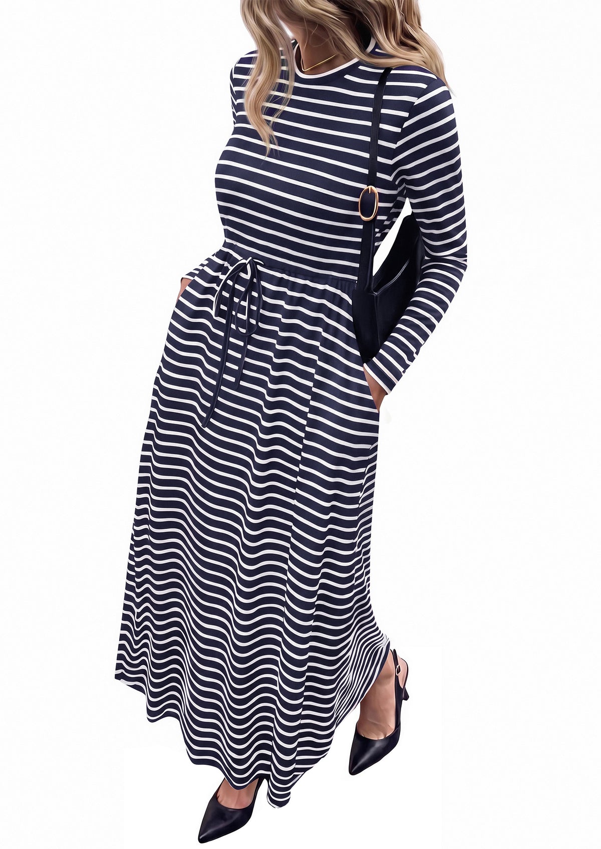 NALANISA Long Sleeve Maxi Dresses for Women Fall Casual Loose Striped Dress | Crewneck, Drawstring Waist, Cotton T Shirt Dress, Loose Fit Dress with Pocket, Business Casual Work Teacher, Fall Outfits