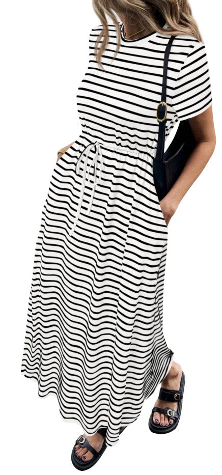 NALANISA Women's Summer Dresses Casual Short Sleeve Striped Crew Neck Drawstring Waist Maxi T Shirts Dress Beach Outfits