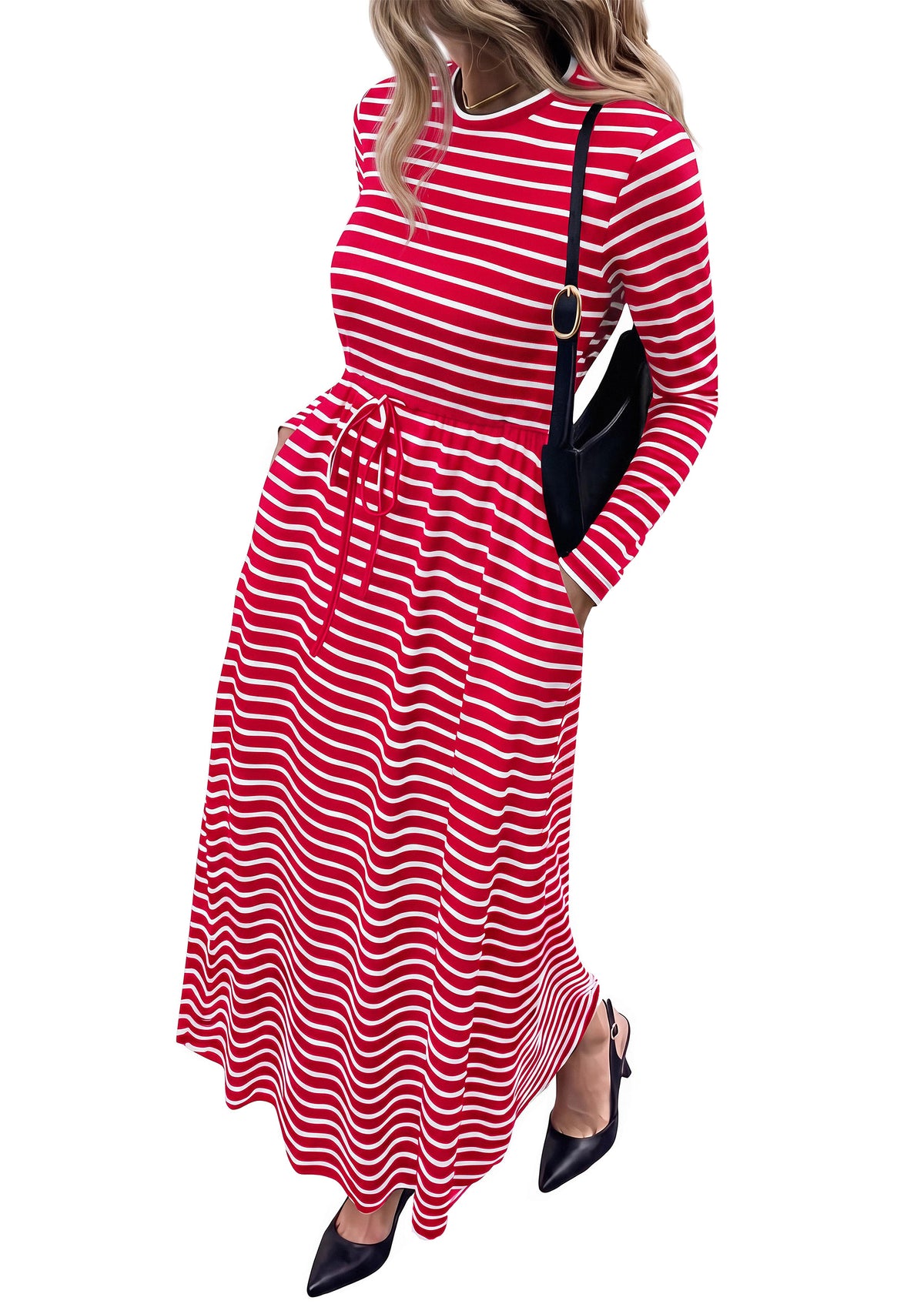 NALANISA Long Sleeve Maxi Dresses for Women Fall Casual Loose Striped Dress | Crewneck, Drawstring Waist, Cotton T Shirt Dress, Loose Fit Dress with Pocket, Business Casual Work Teacher, Fall Outfits