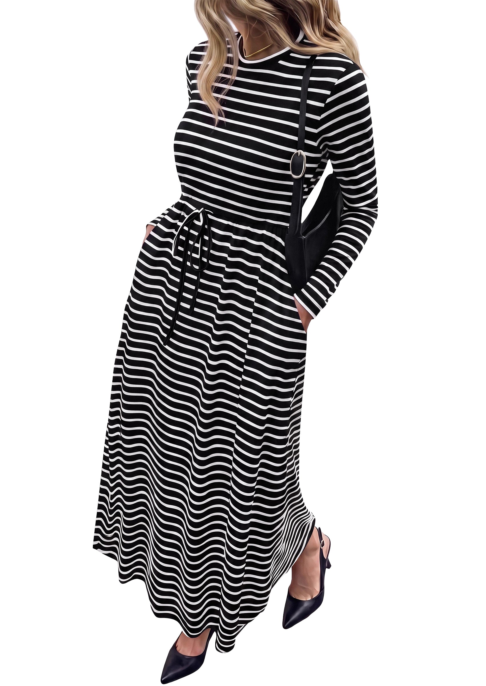 NALANISA Long Sleeve Maxi Dresses for Women Fall Casual Loose Striped Dress | Crewneck, Drawstring Waist, Cotton T Shirt Dress, Loose Fit Dress with Pocket, Business Casual Work Teacher, Fall Outfits