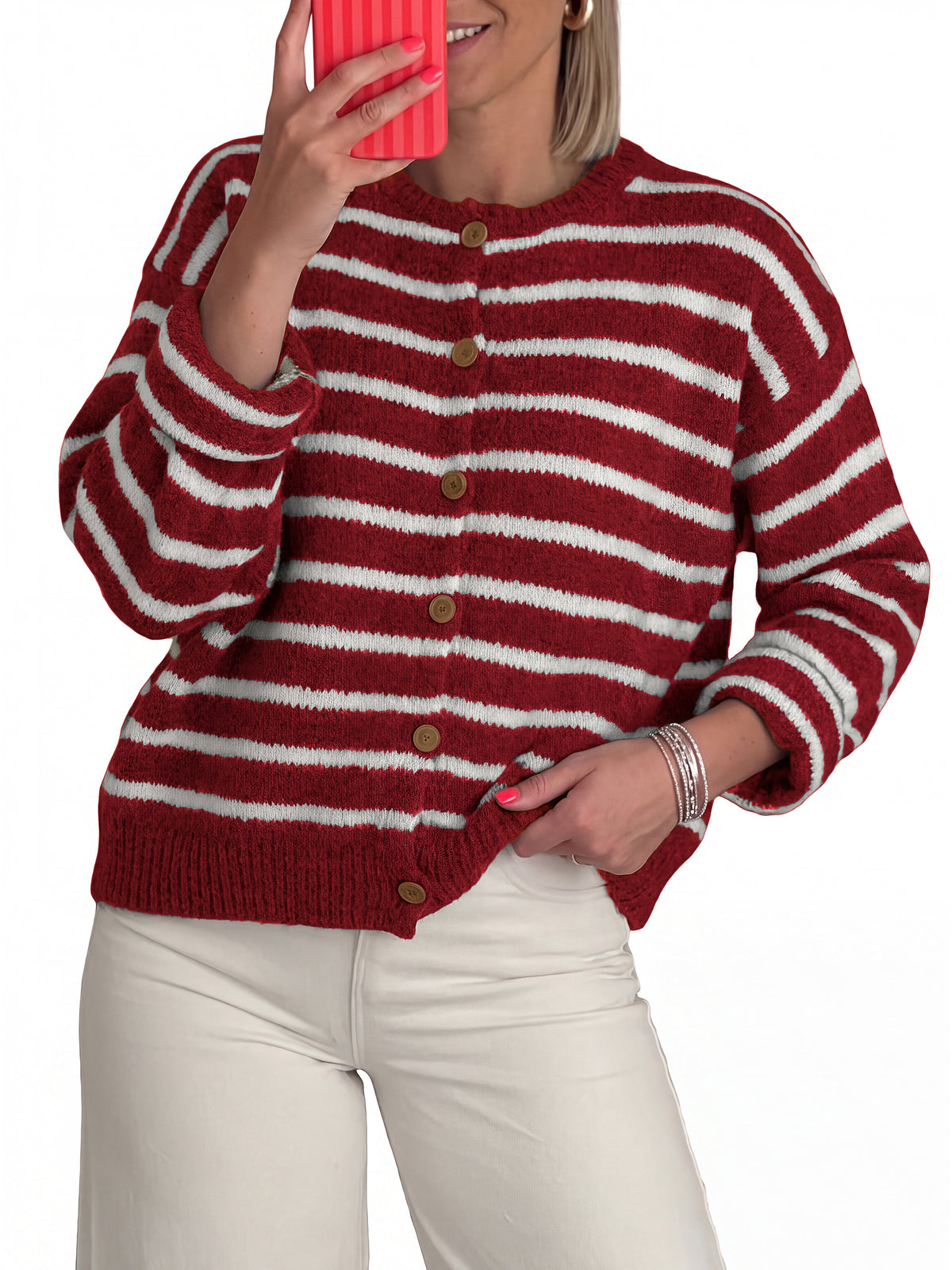 NALANISA Women's Chunky Knit Striped Cardigan Sweaters Casual Button Front Long Sleeve Knit Cardigan, Soft Loose Fit Sweaters for Business Casual Work, Fall Winter Outerwear Layering