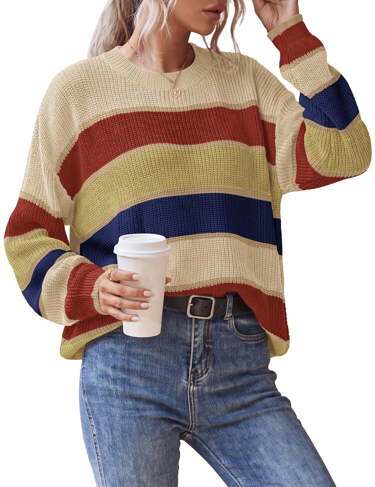 NALANISA Women's Striped Sweater Knit Loose Fit Pullover Tops Fall 2026 Crewneck, Long Sleeve Knit Tops, Color Block, Soft Chunky Sweaters, Business Casual Fall Winter Clothes