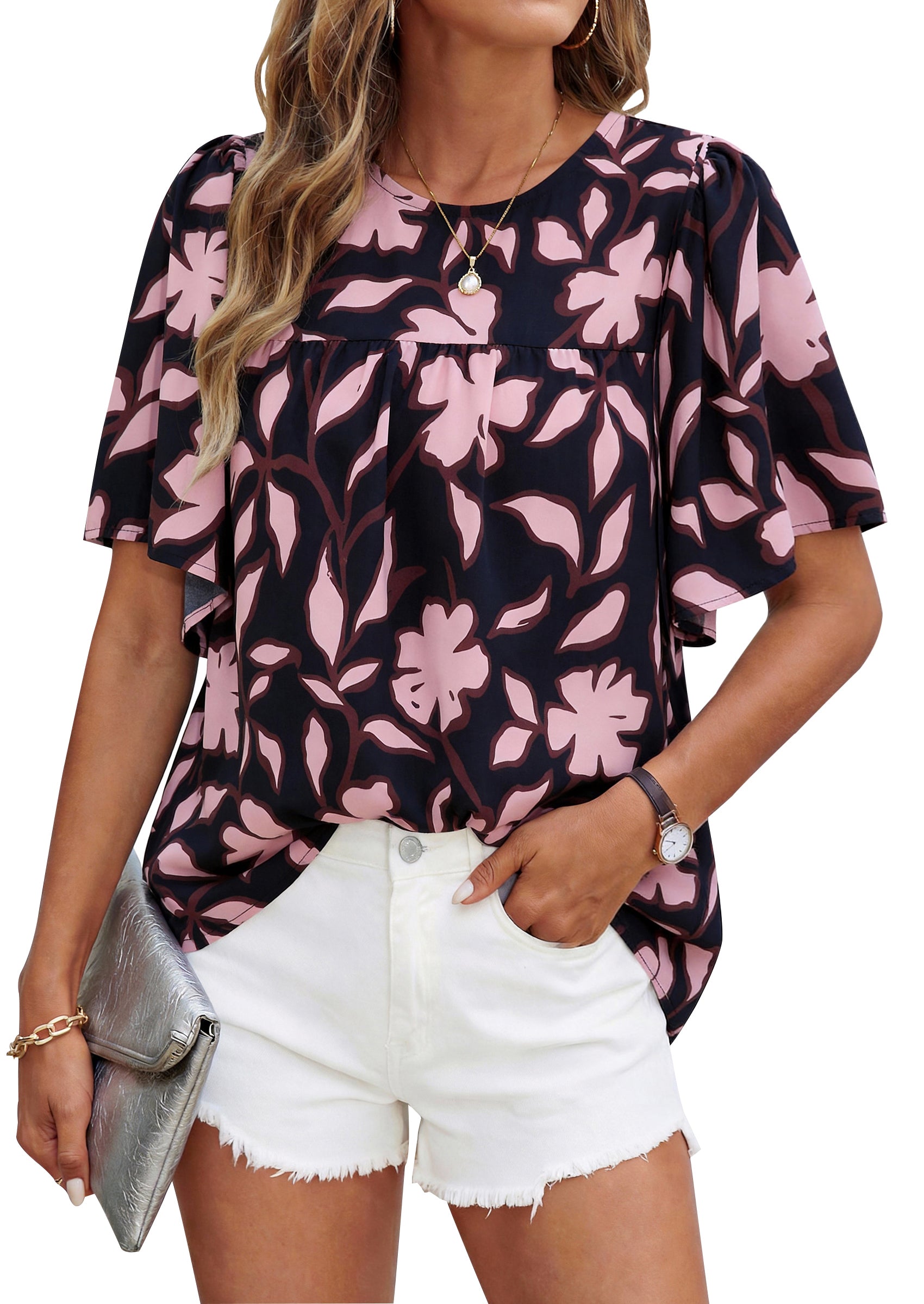 NALANISA Women's Summer Boho Tops 2026 Short Sleeve Crewneck Floral Tunic Tops Loose Fit Dressy Casual Work Blouses Shirts