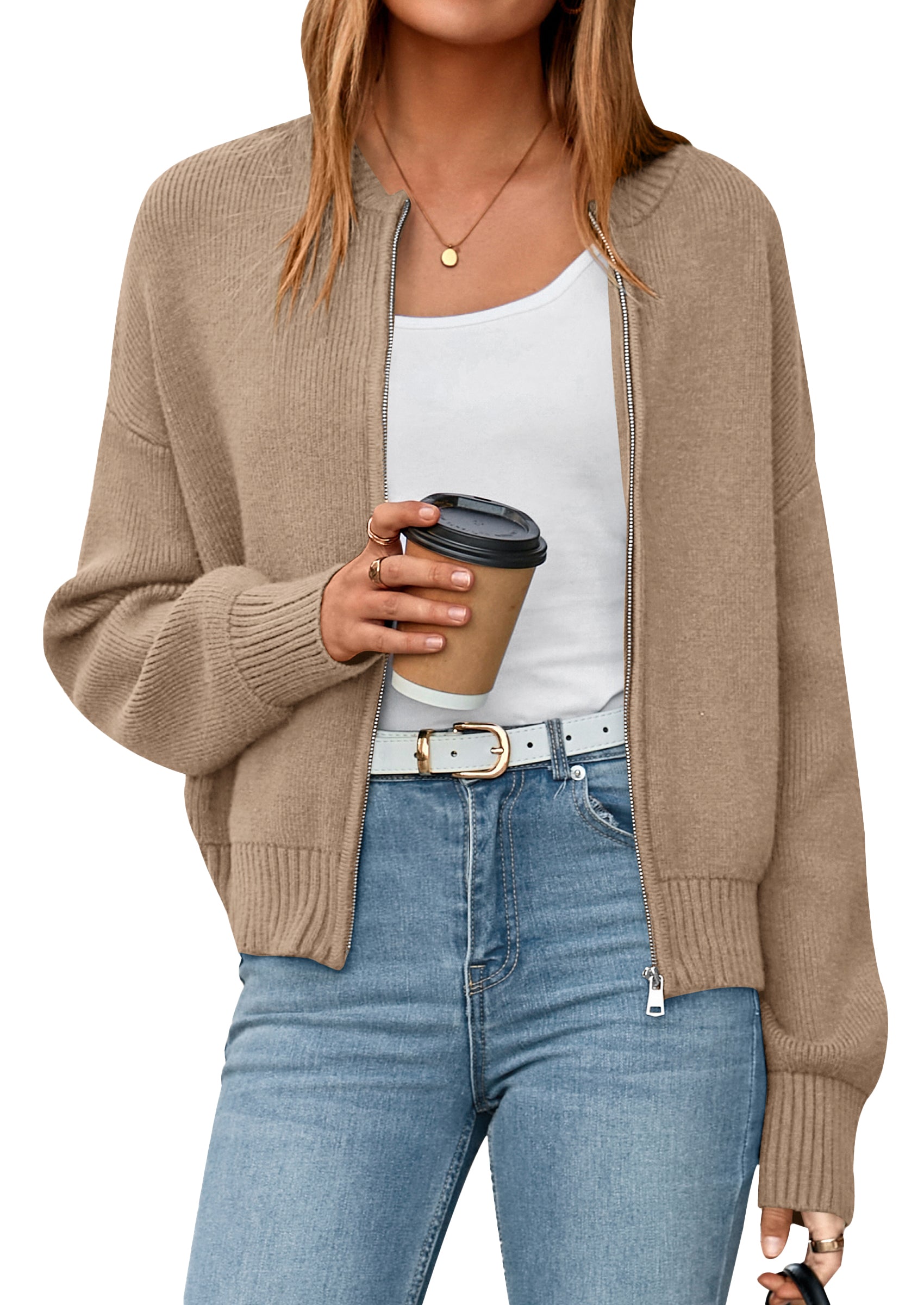 NALANISA Women's Cropped Cardigan Sweaters Fall Open Front Long Sleeve Ribbed Knit Zipper Chunky Cardigans Outerwear Coats