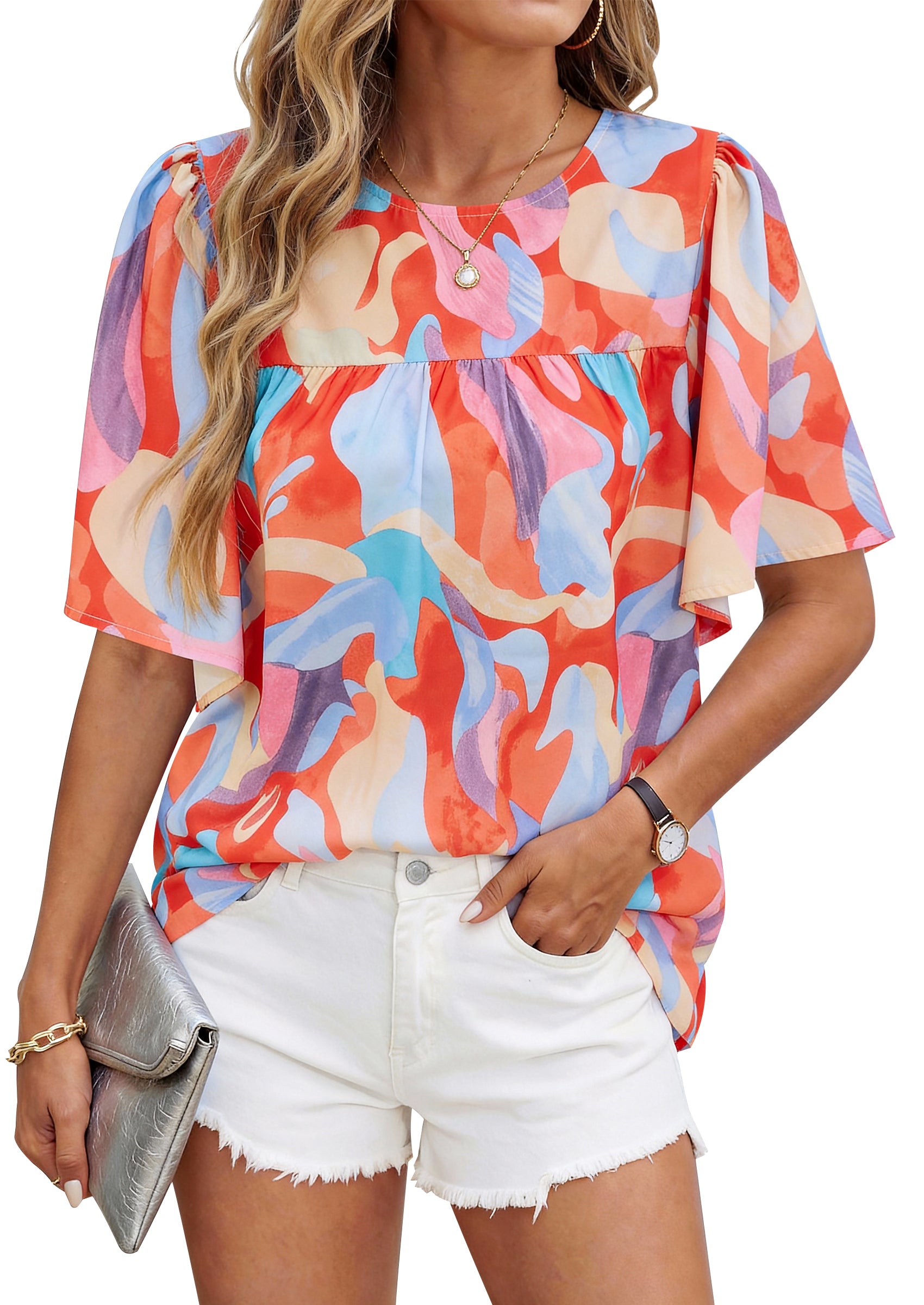 NALANISA Women's Summer Boho Tops 2026 Short Sleeve Crewneck Floral Tunic Tops Loose Fit Dressy Casual Work Blouses Shirts