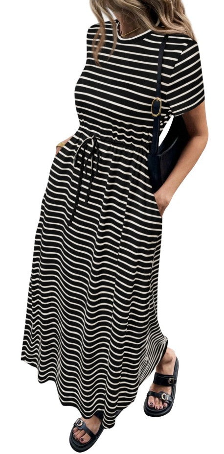 NALANISA Women's Summer Dresses Casual Short Sleeve Striped Crew Neck Drawstring Waist Maxi T Shirts Dress Beach Outfits