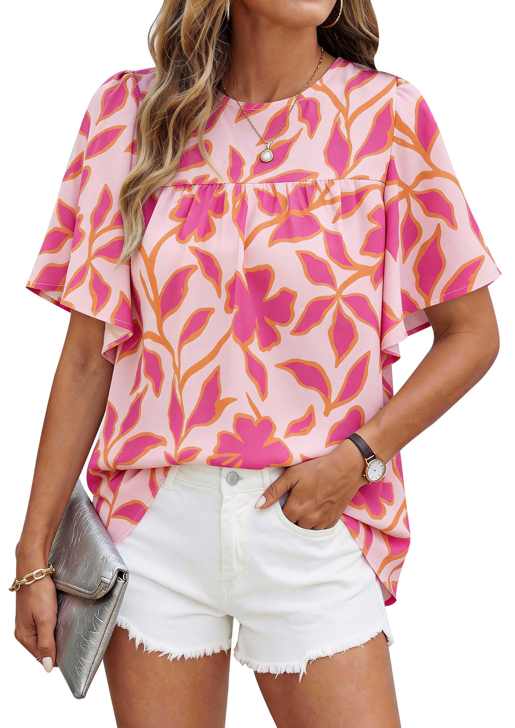 NALANISA Women's Summer Boho Tops 2026 Short Sleeve Crewneck Floral Tunic Tops Loose Fit Dressy Casual Work Blouses Shirts