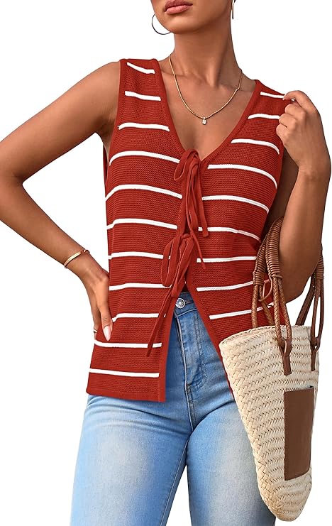 NALANISA Women's 2026 Summer Trendy Tank Tops Crochet Knit V Neck Sleeveless Tie Front Striped Sweater Vests Beach Outfits
