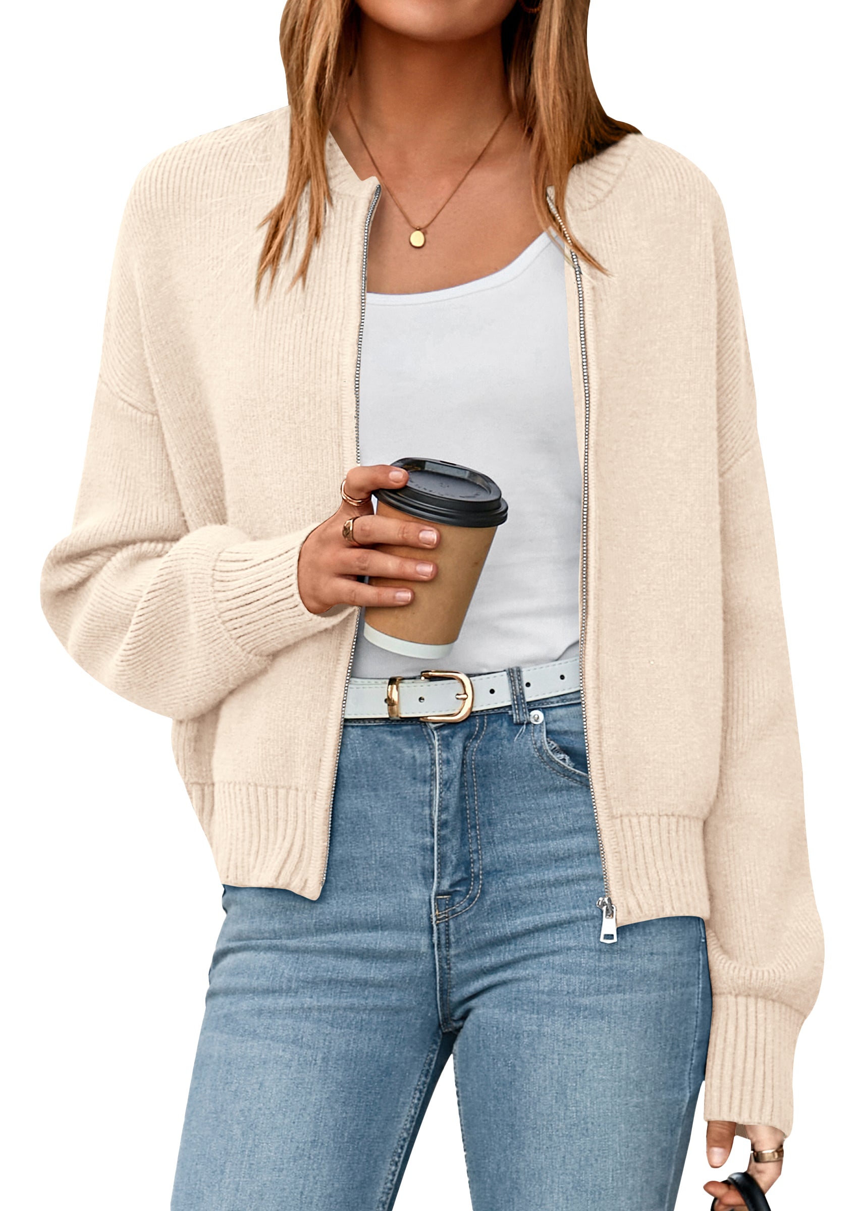 NALANISA Women's Cropped Cardigan Sweaters Fall Open Front Long Sleeve Ribbed Knit Zipper Chunky Cardigans Outerwear Coats