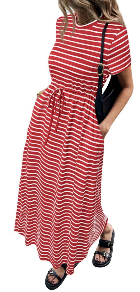 NALANISA Women's Summer Dresses Casual Short Sleeve Striped Crew Neck Drawstring Waist Maxi T Shirts Dress Beach Outfits