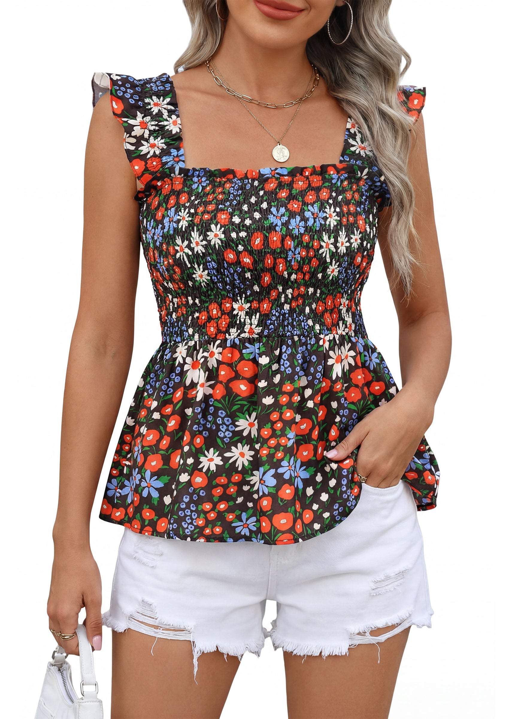NALANISA Women's Summer Boho Cute Tank Tops 2026 Casual Square Neck Smocked Ruffle Sleeveless Babydoll Shirts Floral Blouses