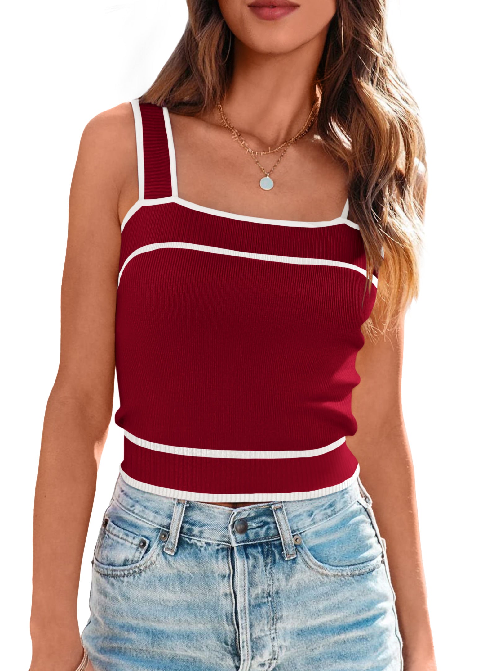 NALANISA Women's Trendy Summer Square Neck Crop Tank Tops 2026 Casual Color Block Knit Sleeveless Slim Fit Y2k Cami Shirts