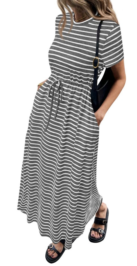 NALANISA Women's Summer Dresses Casual Short Sleeve Striped Crew Neck Drawstring Waist Maxi T Shirts Dress Beach Outfits