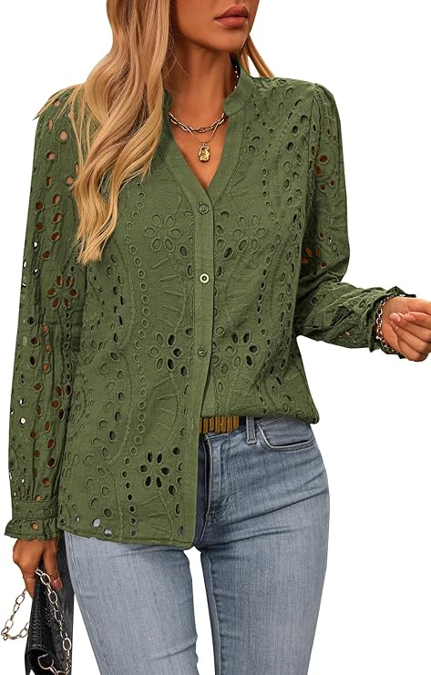 NALANISA Women's Long Sleeve Shirts Button Down Dressy Casual Blouses V Neck Embroidery Hollow Out Tops Fall Winter Clothes
