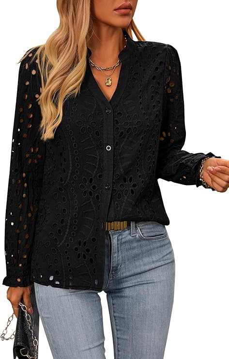 NALANISA Women's Long Sleeve Shirts Button Down Dressy Casual Blouses V Neck Embroidery Hollow Out Tops Fall Winter Clothes