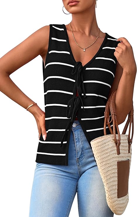 NALANISA Women's 2026 Summer Trendy Tank Tops Crochet Knit V Neck Sleeveless Tie Front Striped Sweater Vests Beach Outfits