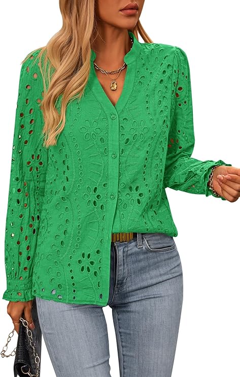 NALANISA Women's Long Sleeve Shirts Button Down Dressy Casual Blouses V Neck Embroidery Hollow Out Tops Fall Winter Clothes