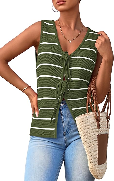 NALANISA Women's 2026 Summer Trendy Tank Tops Crochet Knit V Neck Sleeveless Tie Front Striped Sweater Vests Beach Outfits