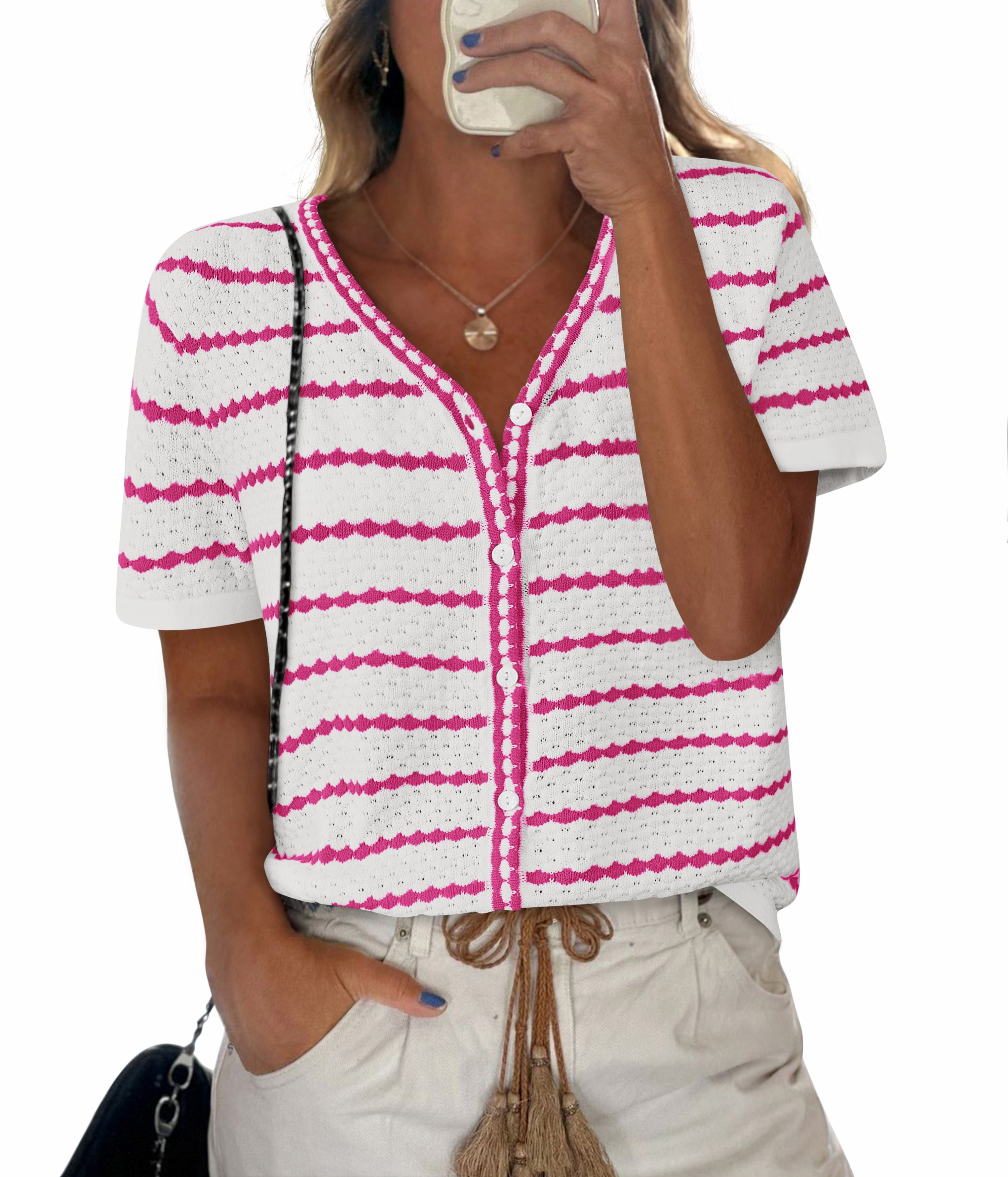 NALANISA Women's Short Sleeve Sweater Spring Summer Crochet Knit Tops 2025 V Neck Striped Button Down Dressy Casual Blouses