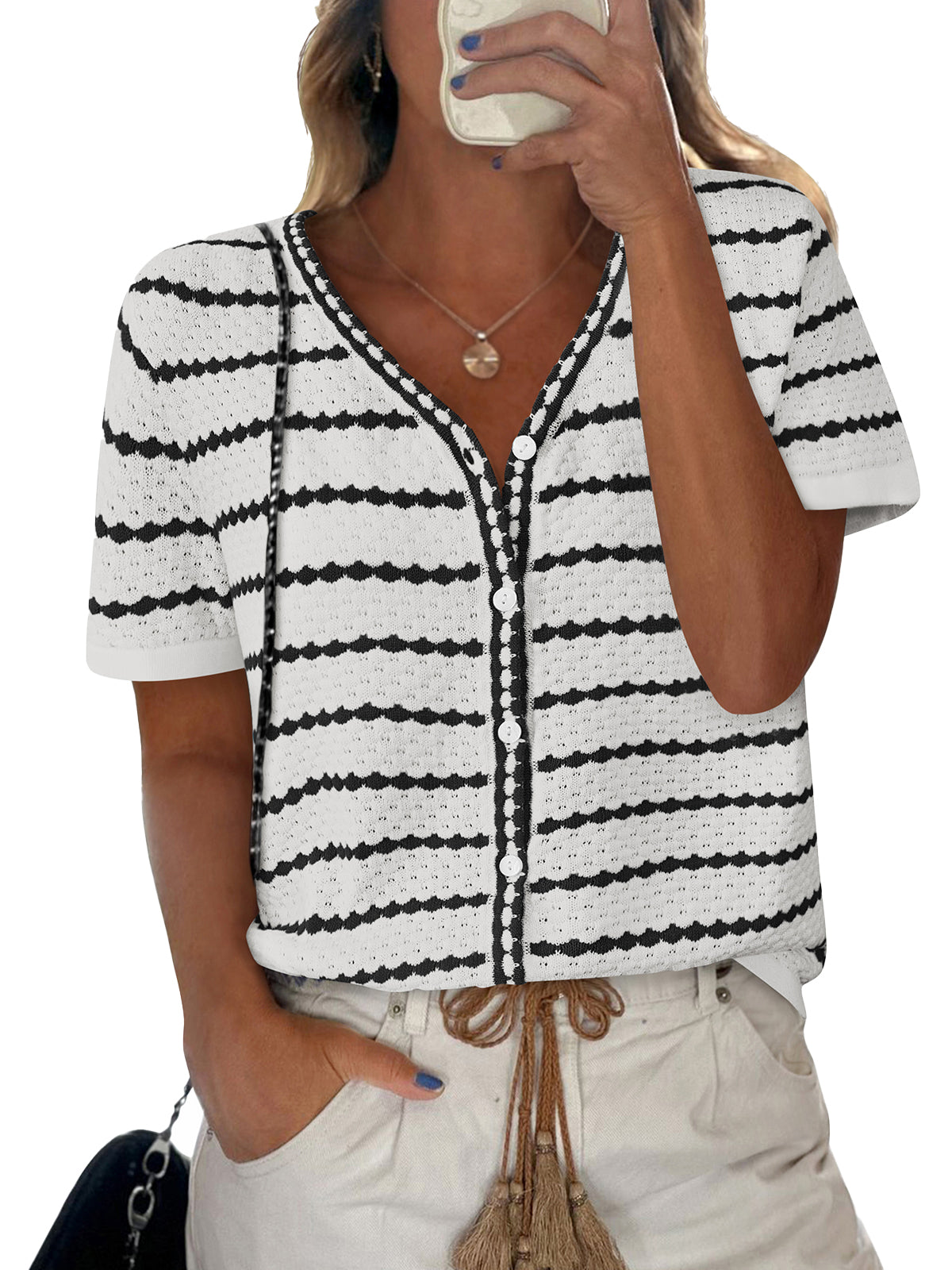 NALANISA Women's Short Sleeve Sweater Spring Summer Crochet Knit Tops 2025 V Neck Striped Button Down Dressy Casual Blouses