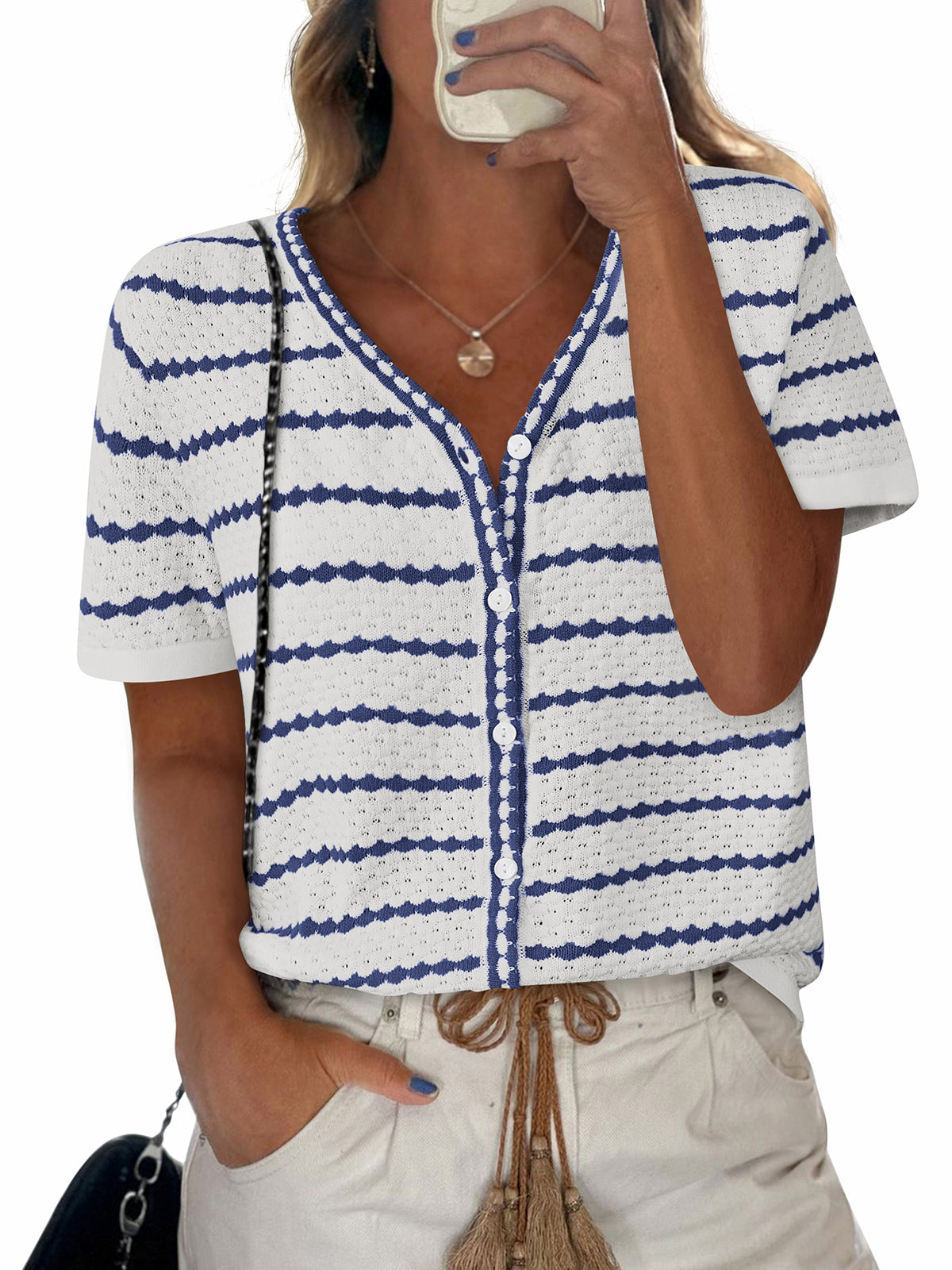 NALANISA Women's Short Sleeve Sweater Spring Summer Crochet Knit Tops 2025 V Neck Striped Button Down Dressy Casual Blouses