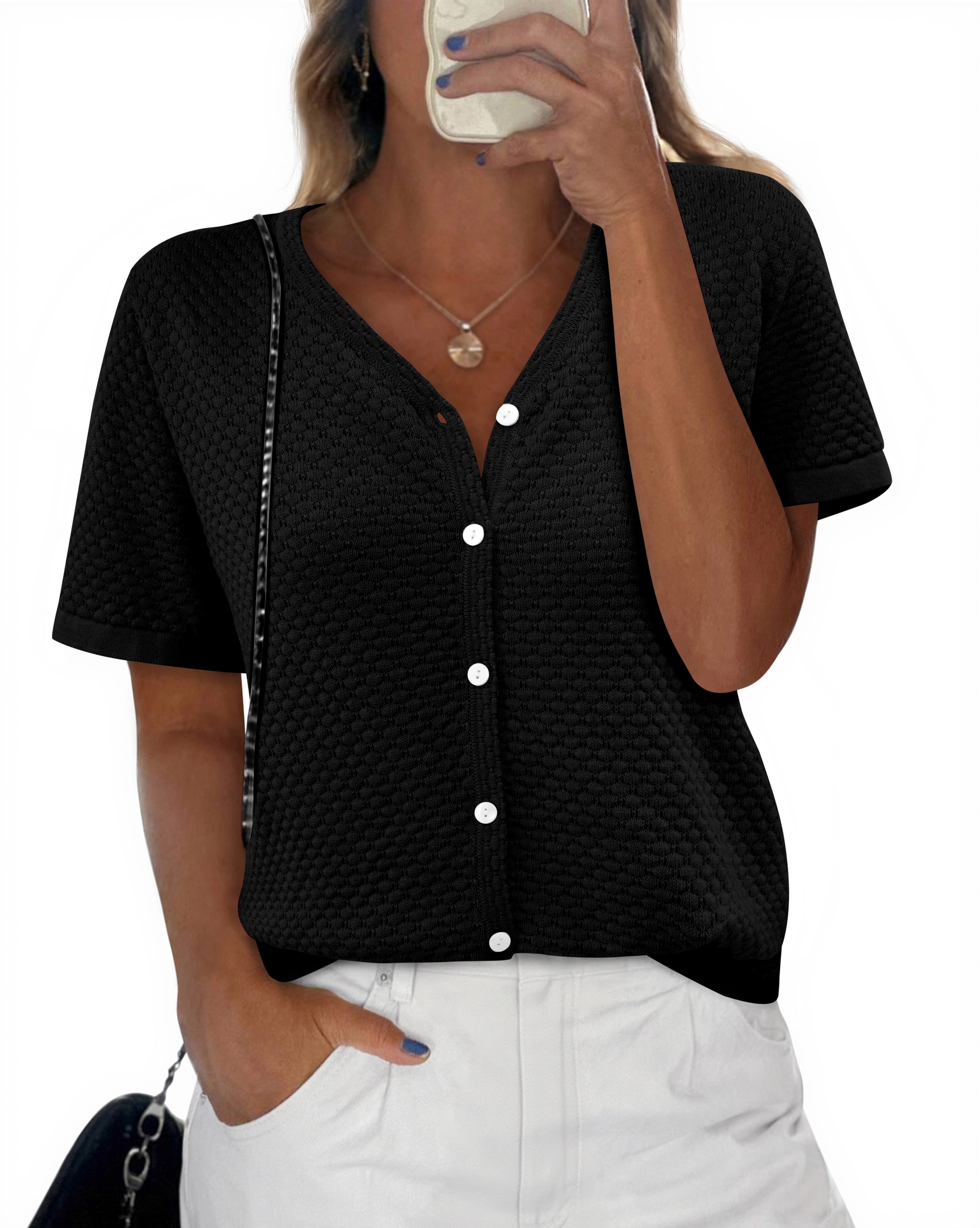 NALANISA Women's Short Sleeve Sweater Spring Summer Crochet Knit Tops 2025 V Neck Striped Button Down Dressy Casual Blouses