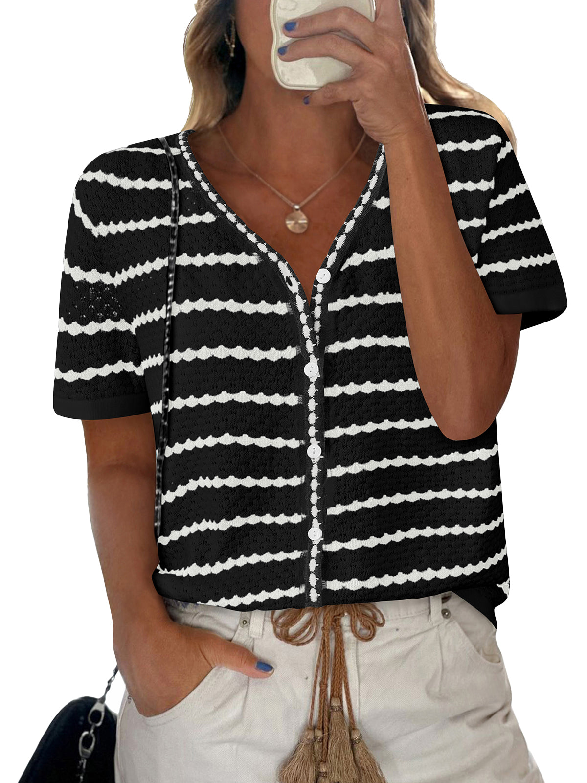 NALANISA Women's Short Sleeve Sweater Spring Summer Crochet Knit Tops 2025 V Neck Striped Button Down Dressy Casual Blouses