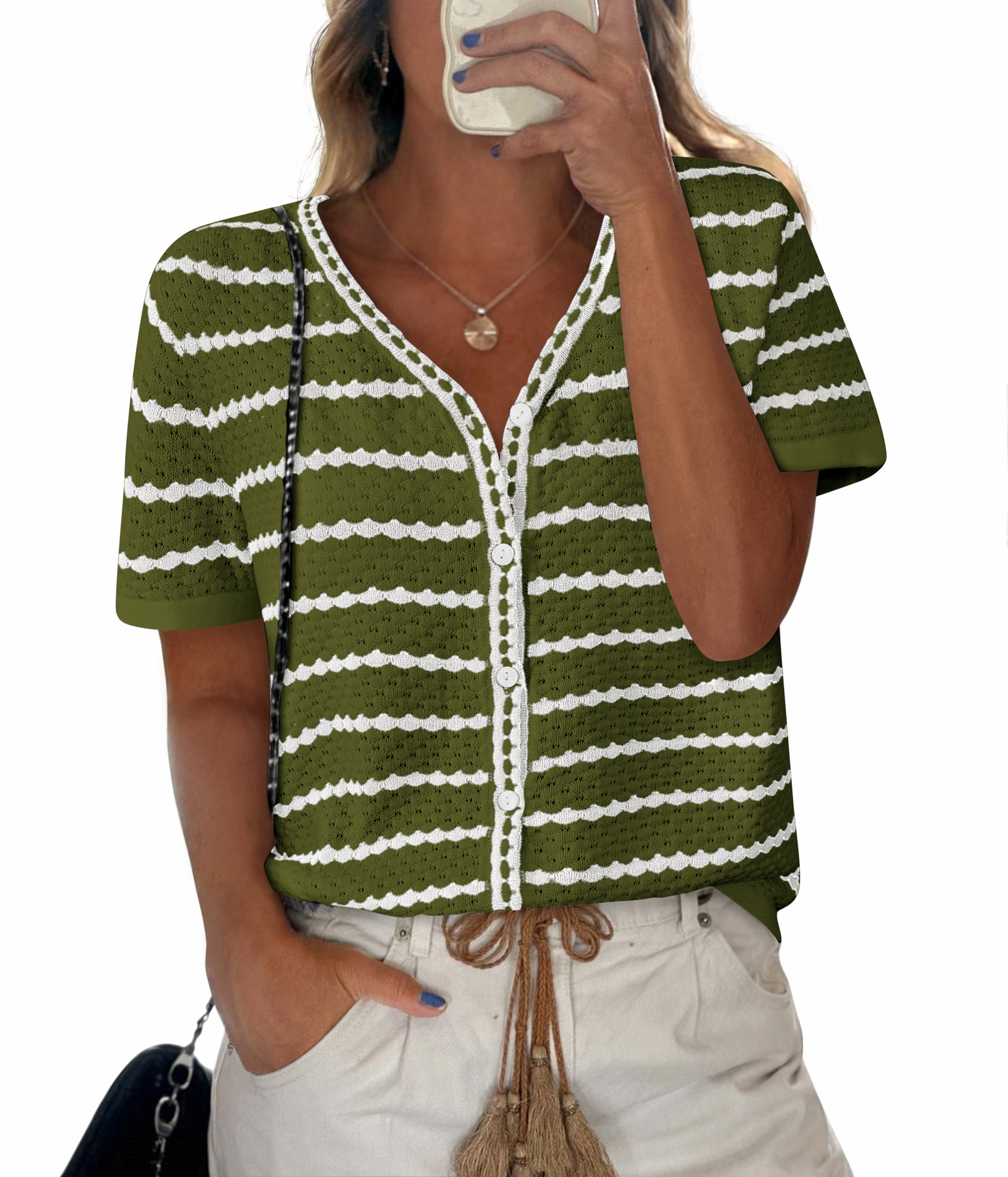 NALANISA Women's Short Sleeve Sweater Spring Summer Crochet Knit Tops 2025 V Neck Striped Button Down Dressy Casual Blouses