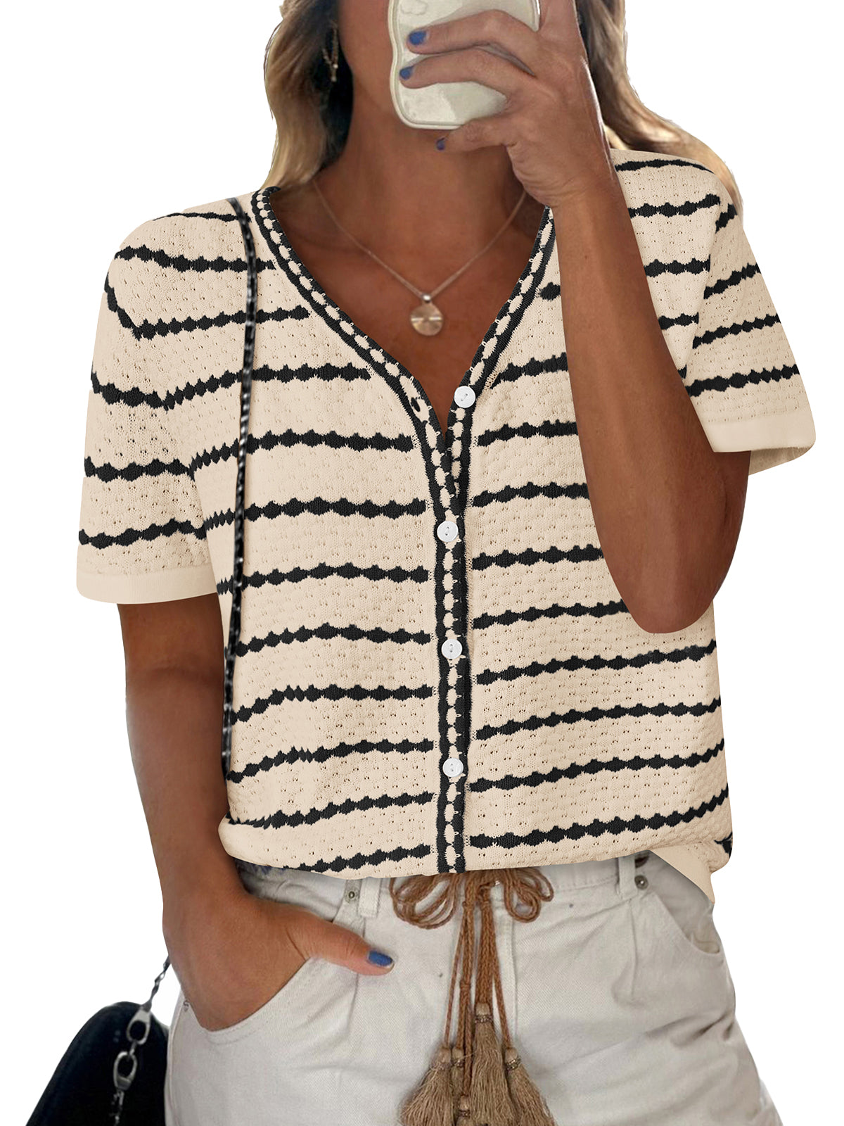 NALANISA Women's Short Sleeve Sweater Spring Summer Crochet Knit Tops 2025 V Neck Striped Button Down Dressy Casual Blouses