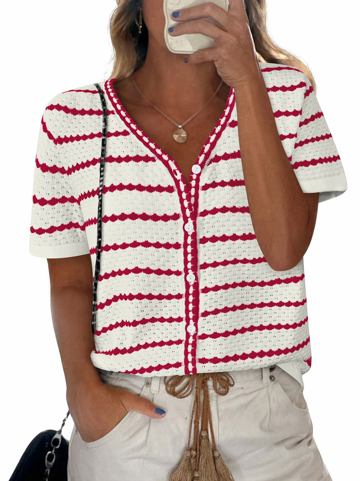 NALANISA Women's Short Sleeve Sweater Spring Summer Crochet Knit Tops 2025 V Neck Striped Button Down Dressy Casual Blouses