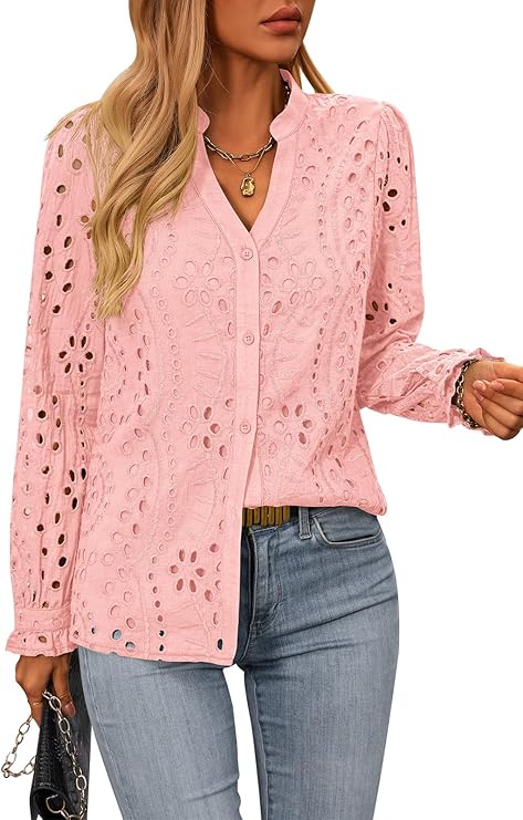 NALANISA Women's Long Sleeve Shirts Button Down Dressy Casual Blouses V Neck Embroidery Hollow Out Tops Fall Winter Clothes